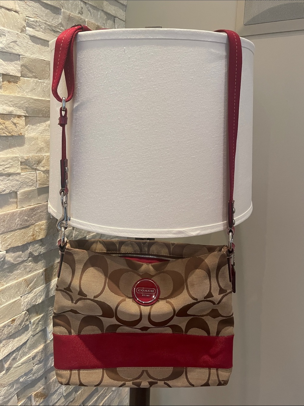 Coach Brown Signature Canvas Crossbody with Red Trim